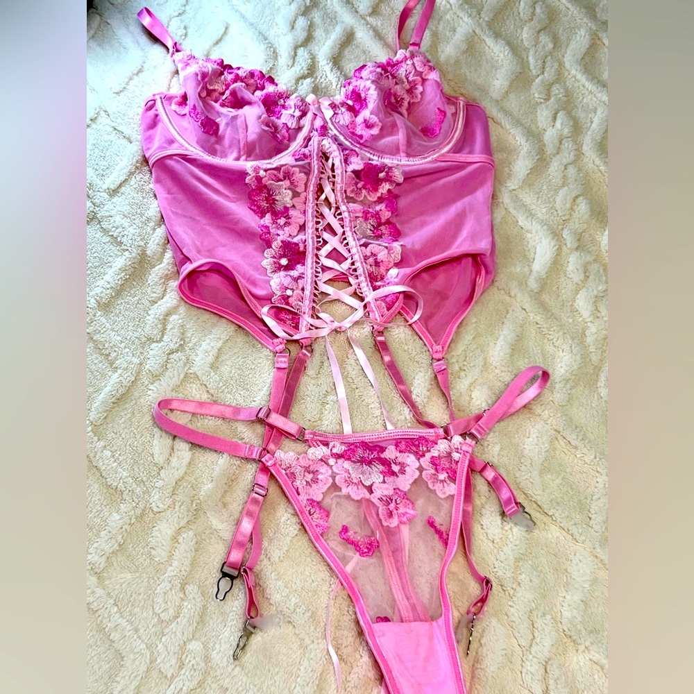 Pink Lace Up Front Garter Floral Embroidery Corset Lingerie Set